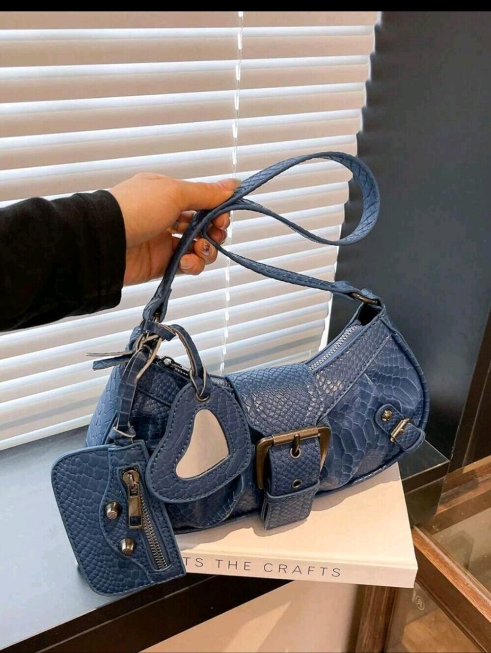 Blue Textured Shoulder Bag with Buckle Detail
